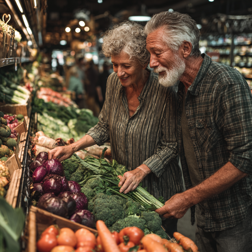 Літня жінка готує здорову їжу на кухні
